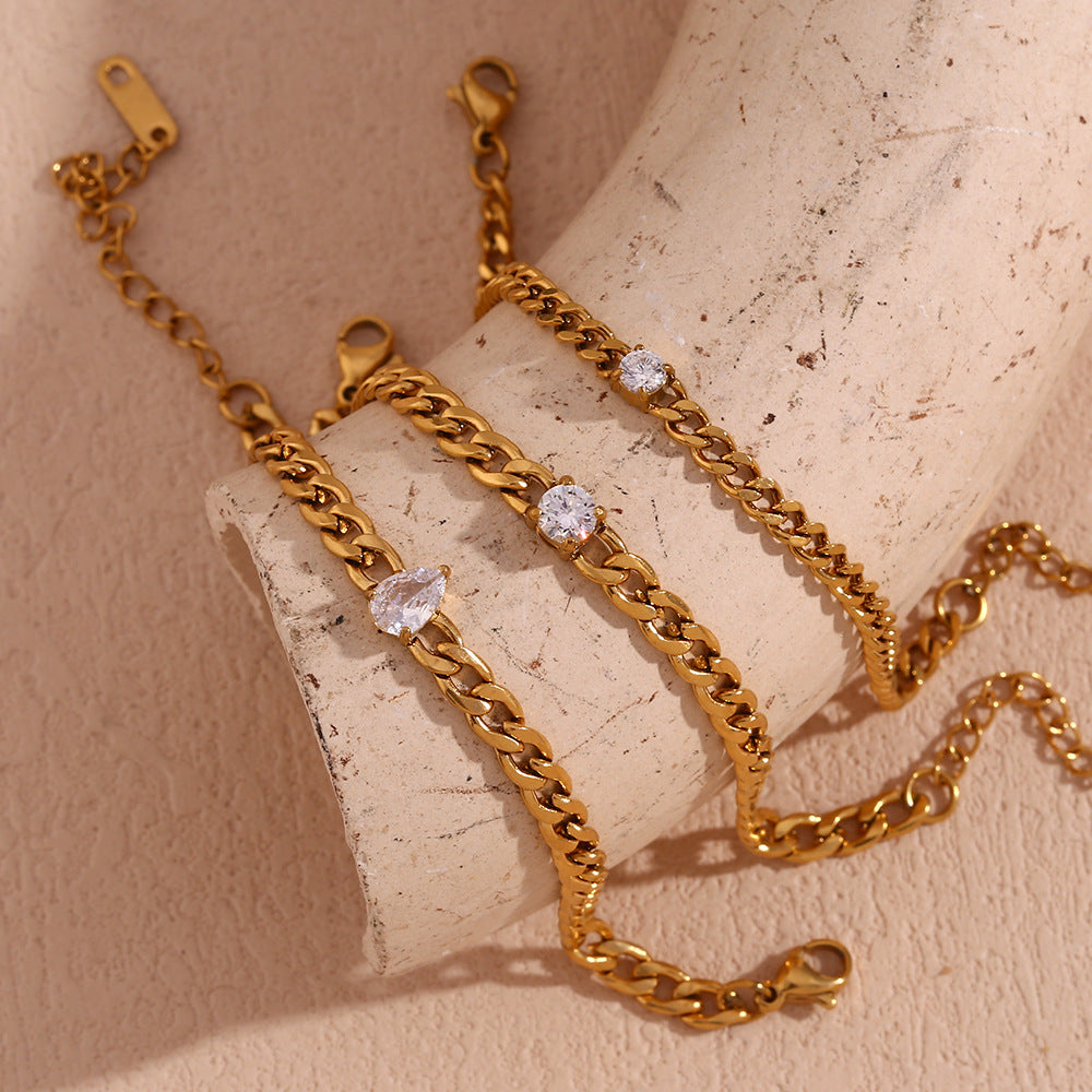 Minimalist Fashionable Women's Stainless Steel Plated 18K Gold Round Zircon Snake Chain Bracelet with Geometric Design