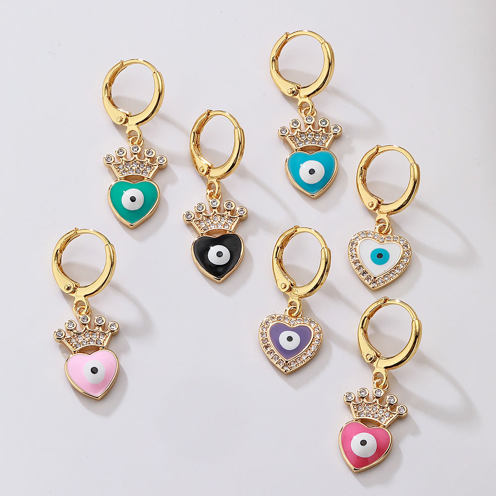 Elegant French-Style Geometric Eye and Heart Earrings for Women in Copper with Gold Plating and Enamel Finish