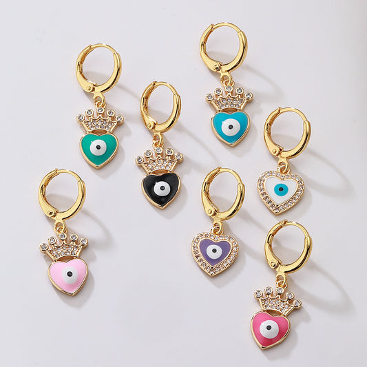 Orecchini a Cuore e Occhio Geometrici Eleganti in Stile Francese da Donna in Rame Placcato Oro con Finitura Smaltata