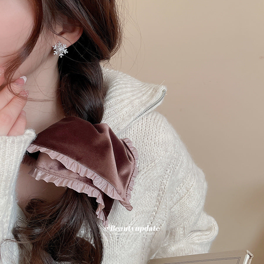 Elegant French-Style Fabric Hair Tie with Lace Trim, High-Elasticity Spiral Scrunchie for Women, Geometric Round Design, Luxury Casual Office Accessory