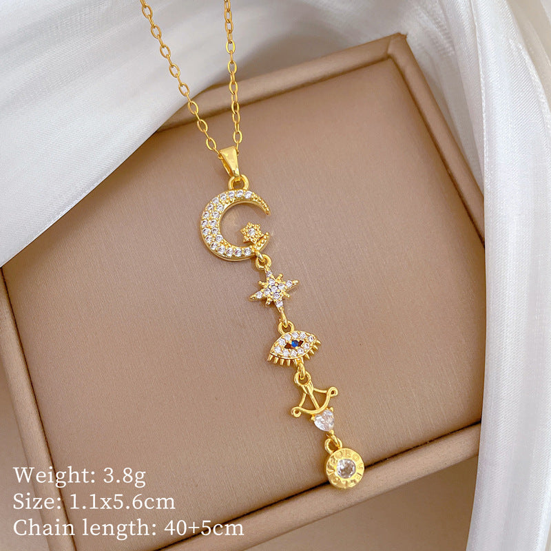 Sweet Elegant Star Moon Geometric Rhinestone Inlay Titanium Steel Necklace with Brass Pendant for Women