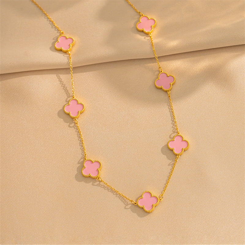 Luxury 18K Gold Plated Titanium Steel Four-Leaf Clover Double-Sided Shell Necklace for Women