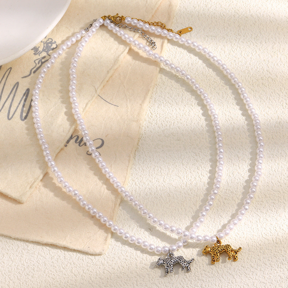 Minimalist Hollow Tiger Pendant Necklace for Women in Stainless Steel with 18K Gold Plating and Simulated Pearl Accents