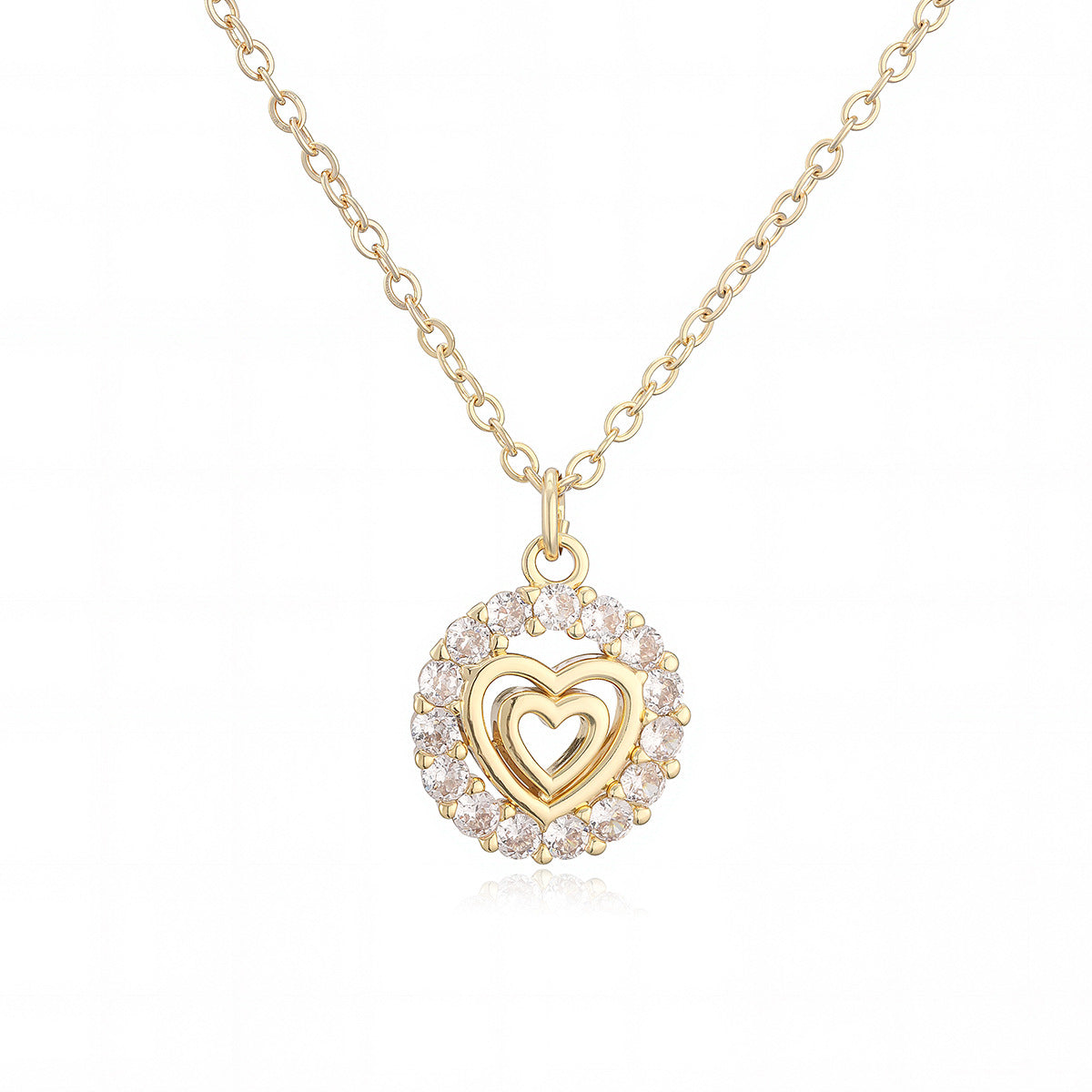 Minimalist Elegant Gold Plated Brass Heart Moon Geometric Pendant Necklace with Cubic Zirconia for Women