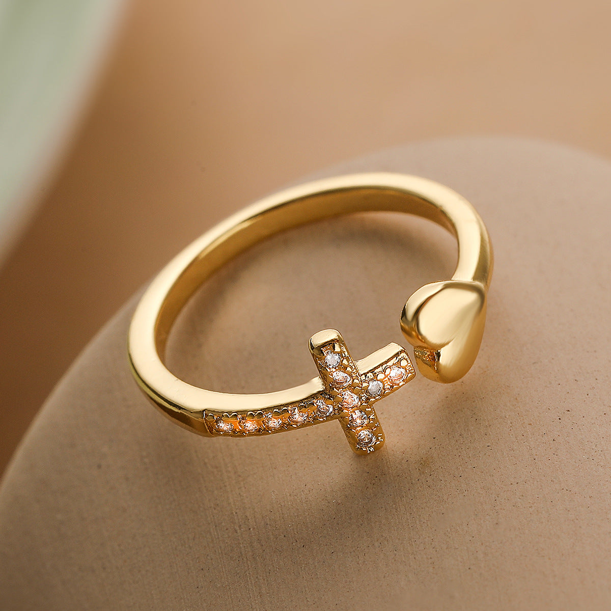 Minimalist Geometric Cross and Heart Shaped Copper Ring with Micro-Pavé Zirconia for Women