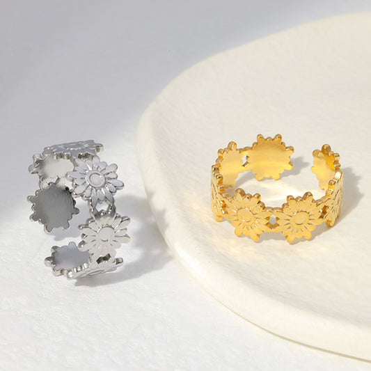 Anello Aperto da Donna Minimalista in Acciaio Inossidabile Placcato Oro 18K con Design Floreale