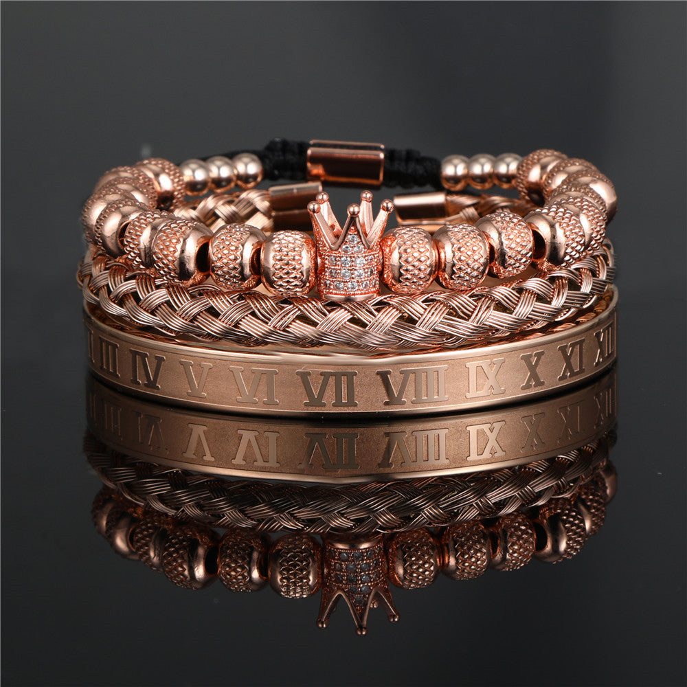 Geometric Roman Letter Crown Woven Titanium Steel C-Shape Open Bangle Bracelet Set for Women