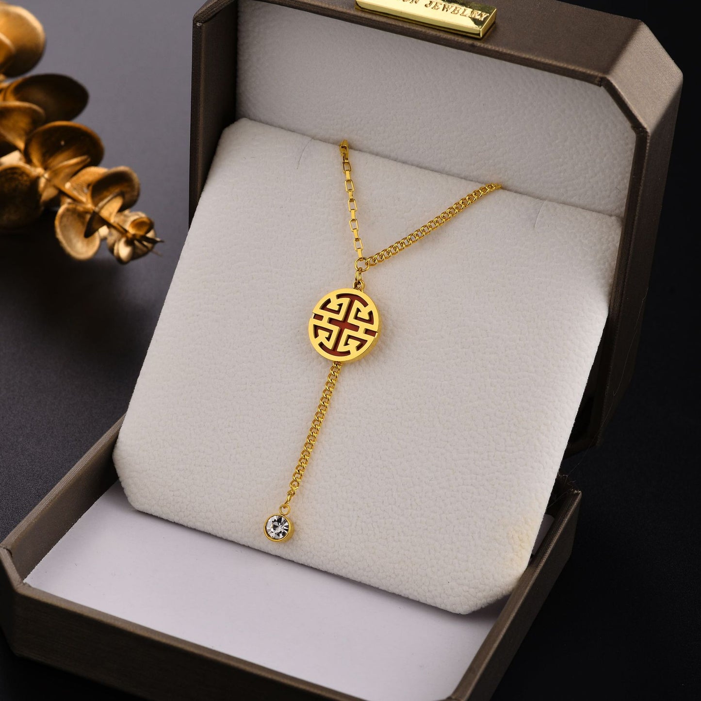 Minimalist Geometric Titanium Steel Lock Pendant Necklace with 18K Gold Plating and Red Enamel Accent for Women