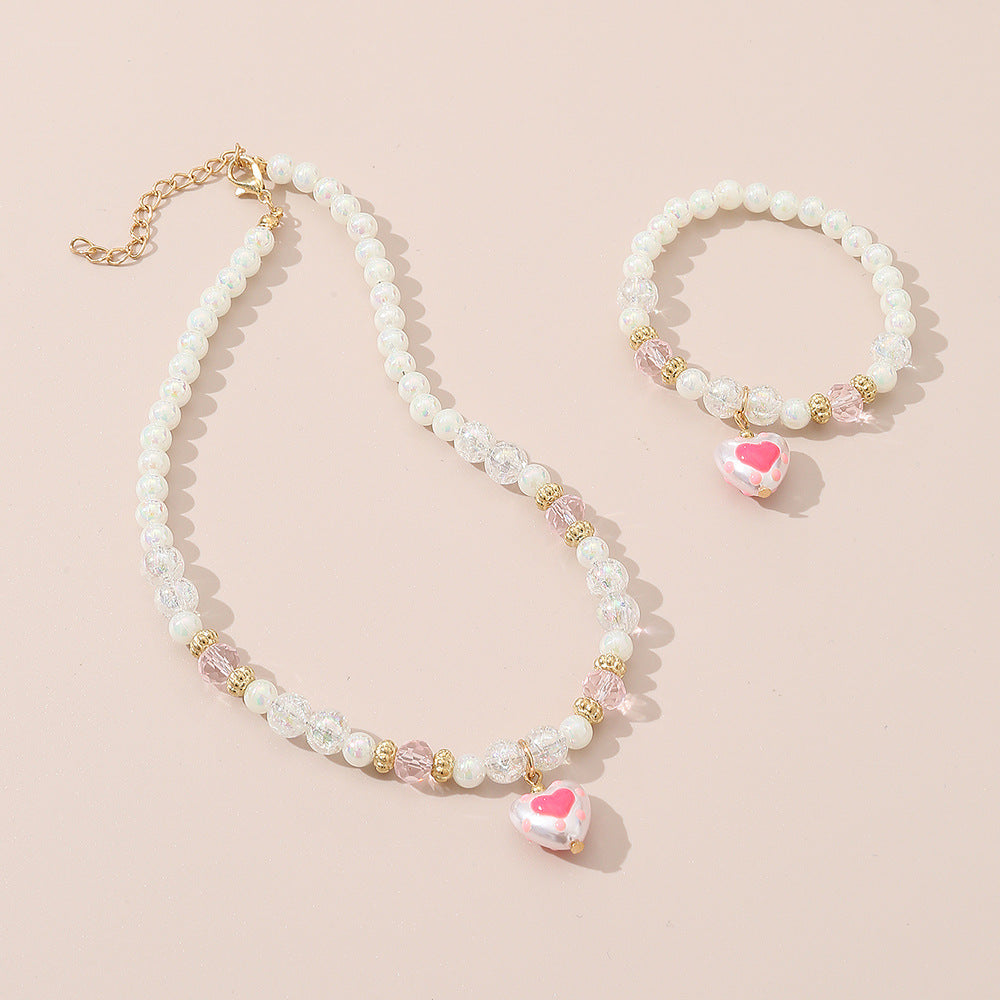 Cute Heart-Shaped Resin and Alloy Pendant Necklace for Girls, Minimalist Pearl-Inspired Fashion Necklace Set with Round Bead Chain
