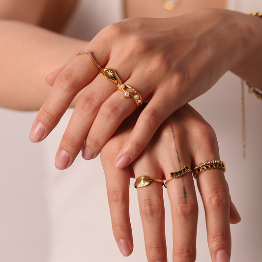 INS Style Geometric Titanium Steel Ring with 18K Gold Plating and Zircon Inlay for Women