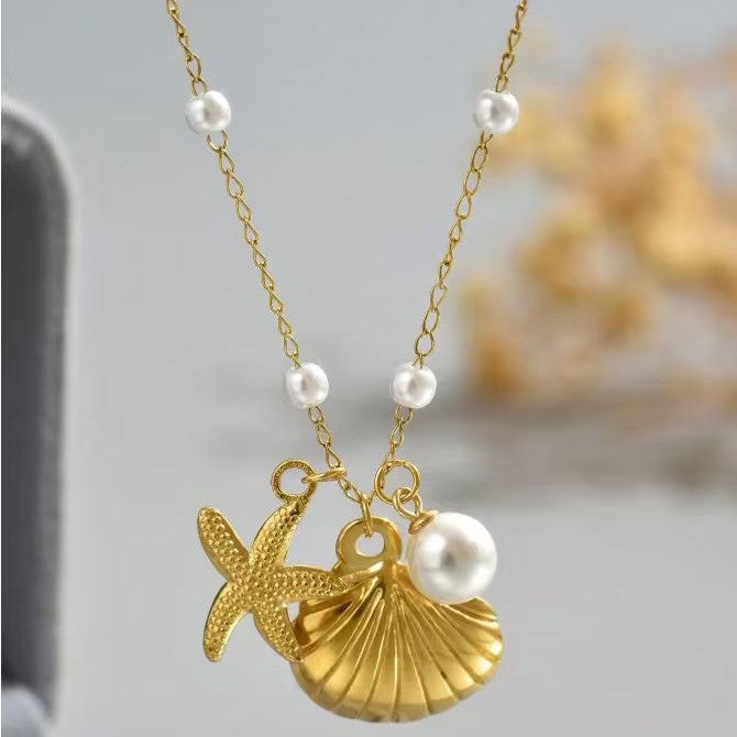 Set collana dolce in acciaio inossidabile con stella marina, conchiglia e perle, catena a cavo placcata, gioielli da donna