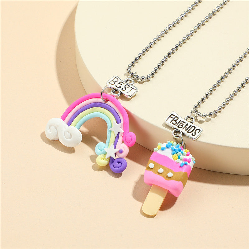 Collana con ciondolo a forma di gelato arcobaleno a cartoni animati per bambini, fatta a mano in argilla polimerica con catenina di perline