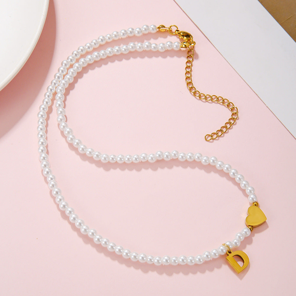 Minimalist Letter Heart Stainless Steel Pearl Necklace Women Cable Chain