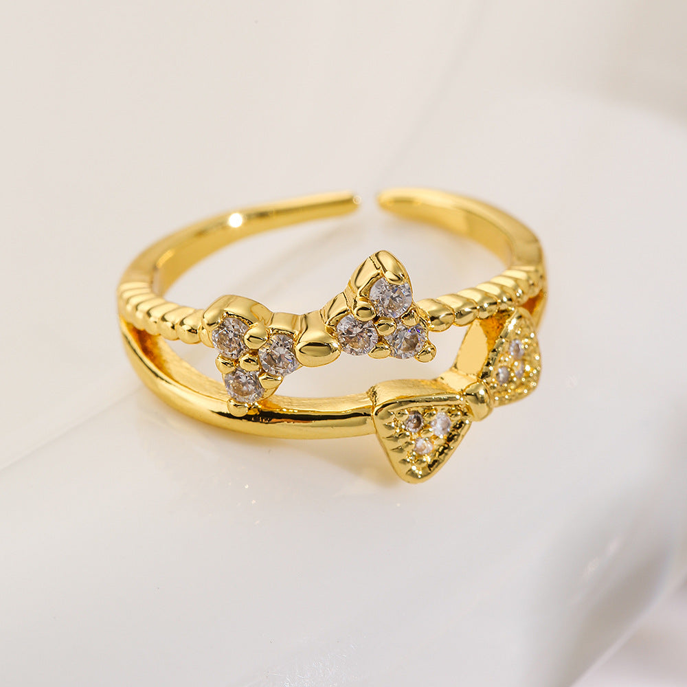 Minimalist Geometric Bowknot Opening Ring for Women in Copper with Gold Plating and Cubic Zirconia Inlay