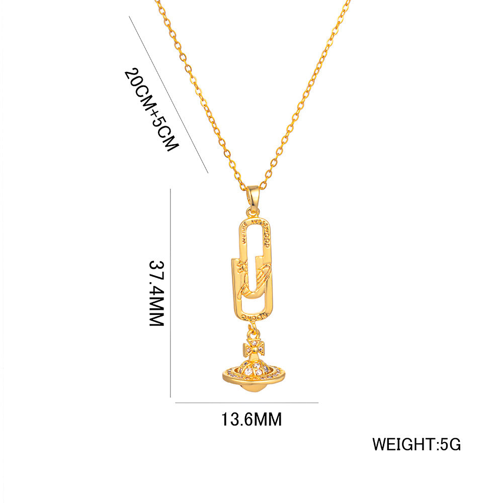 Collana da donna Minimalista in Titanio Acciaio Placcato con Fermaglio a forma di Graffetta e Disco Volante/Pianeta Geometrico