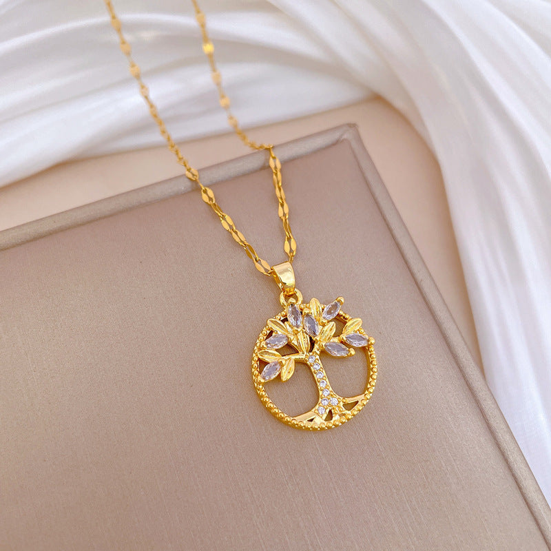 Collana con ciondolo Albero della Vita geometrico di lusso, fresca e dolce, in acciaio al titanio con strass