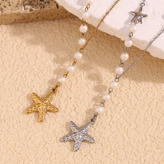 Vintage Asymmetrical Starfish Pendant Necklace for Women in Stainless Steel with 18K Gold Plating and Pearl Accents