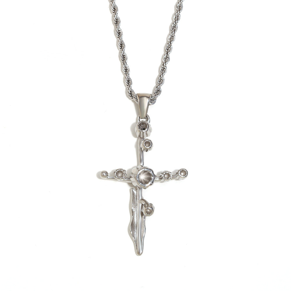 Vintage French-Style Floral Pendant Necklace in Stainless Steel with 18K Gold Plating for Women