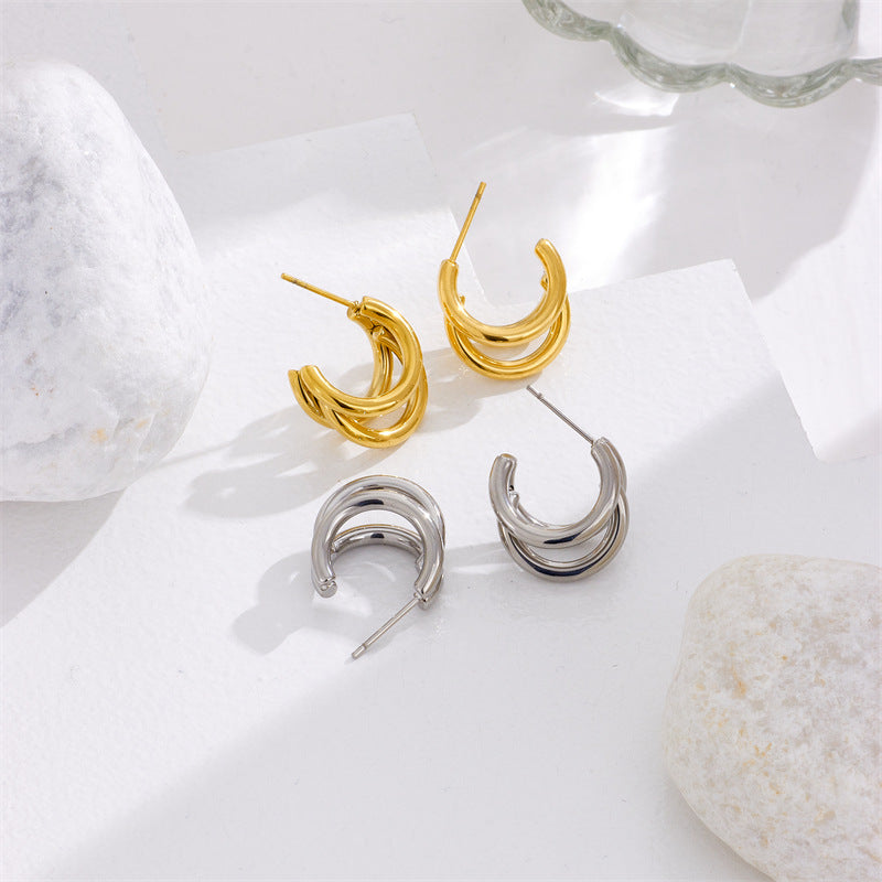 Minimalist Geometric Titanium Steel C-Shaped Multi-Layer Earrings with Plated Finish