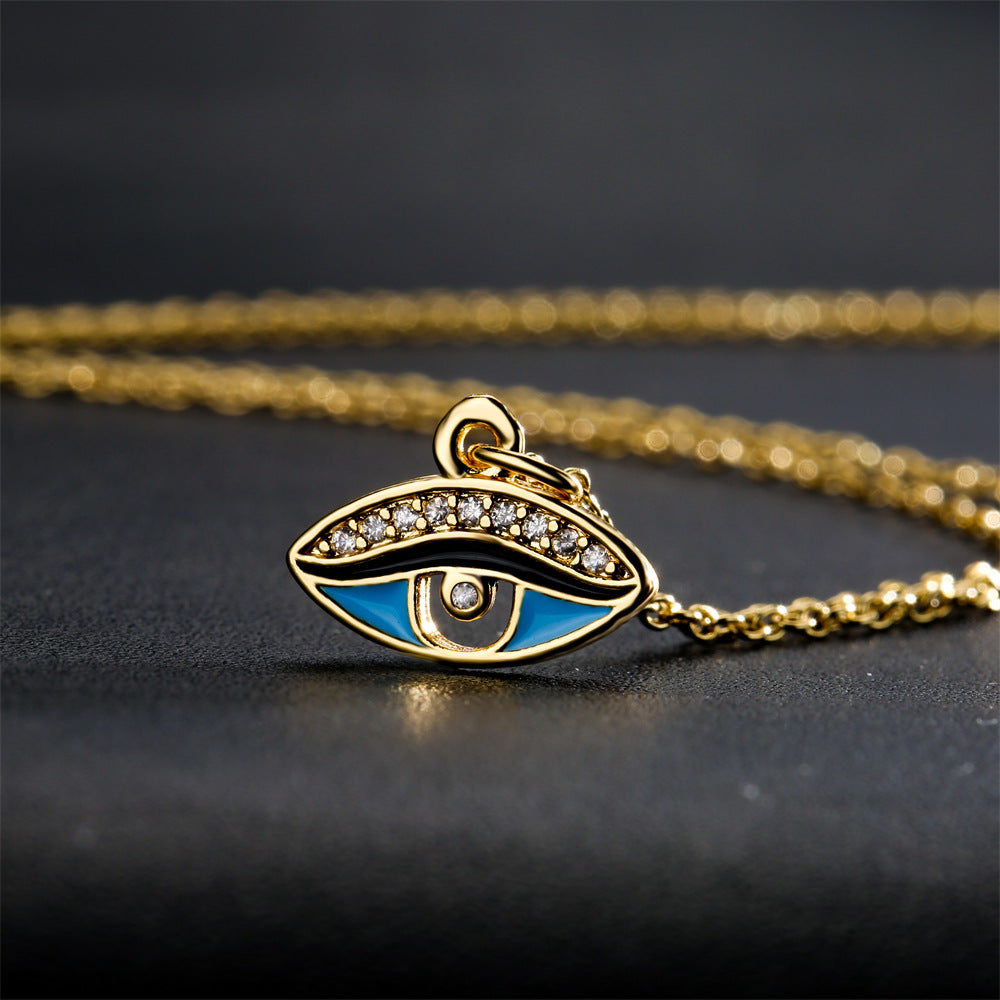 Geometric Drip Oil Brass Gold Plated Cubic Zirconia Eye Pendant Necklace for Women