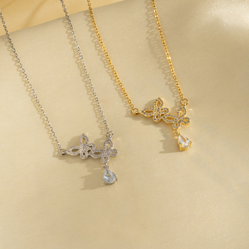 Butterfly-Shaped Titanium Steel Necklace for Women with Rhinestone Inlay, Plated Finish, O-Chain, Minimalist and Fashion-Forward Design