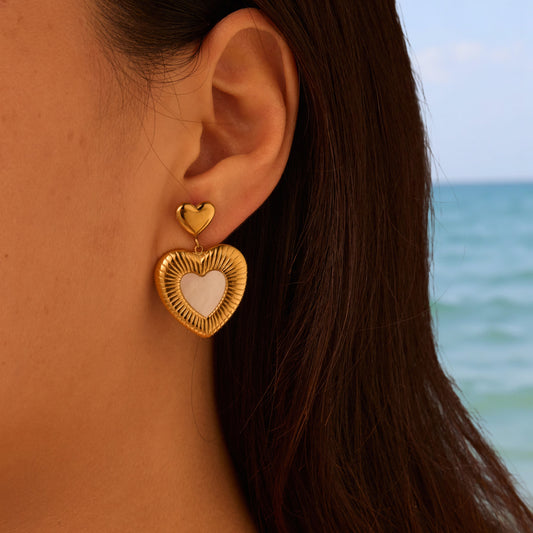 Minimalist Heart-Shaped Stainless Steel Earrings with White Mother-of-Pearl Inlay, Plated Finish, Elegant Women's Luxury Ear Jewelry