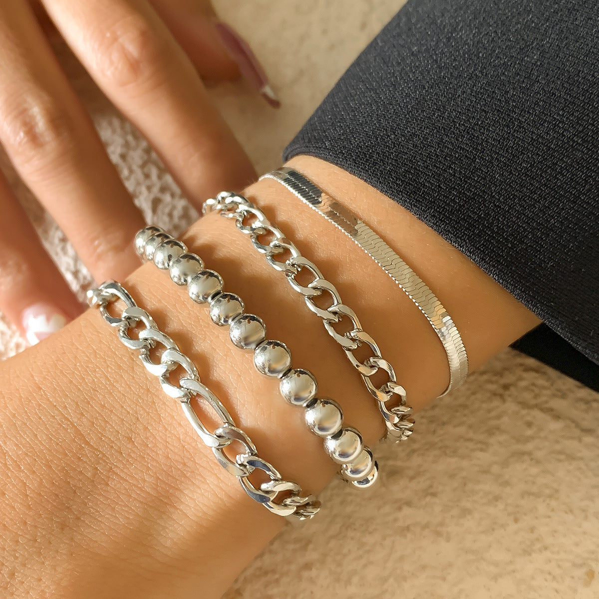 Sweet-Edgy Geometric Hollow-Out Snake Chain Bracelet Set for Women in Metal with Rhinestone Inlay