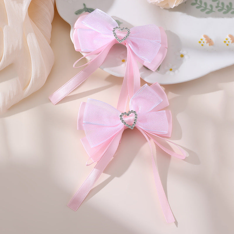 Natural Style Double-Layer Bow Hair Clip for Girls with Pink Lace, Tassel, Heart Shape, Rhinestone Accents and Ribbon Detail