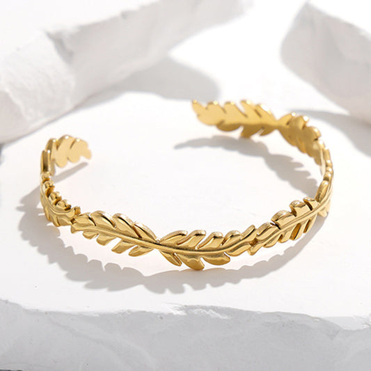 Gold Plated Stainless Steel Leaf Open Cuff Bracelet for Women