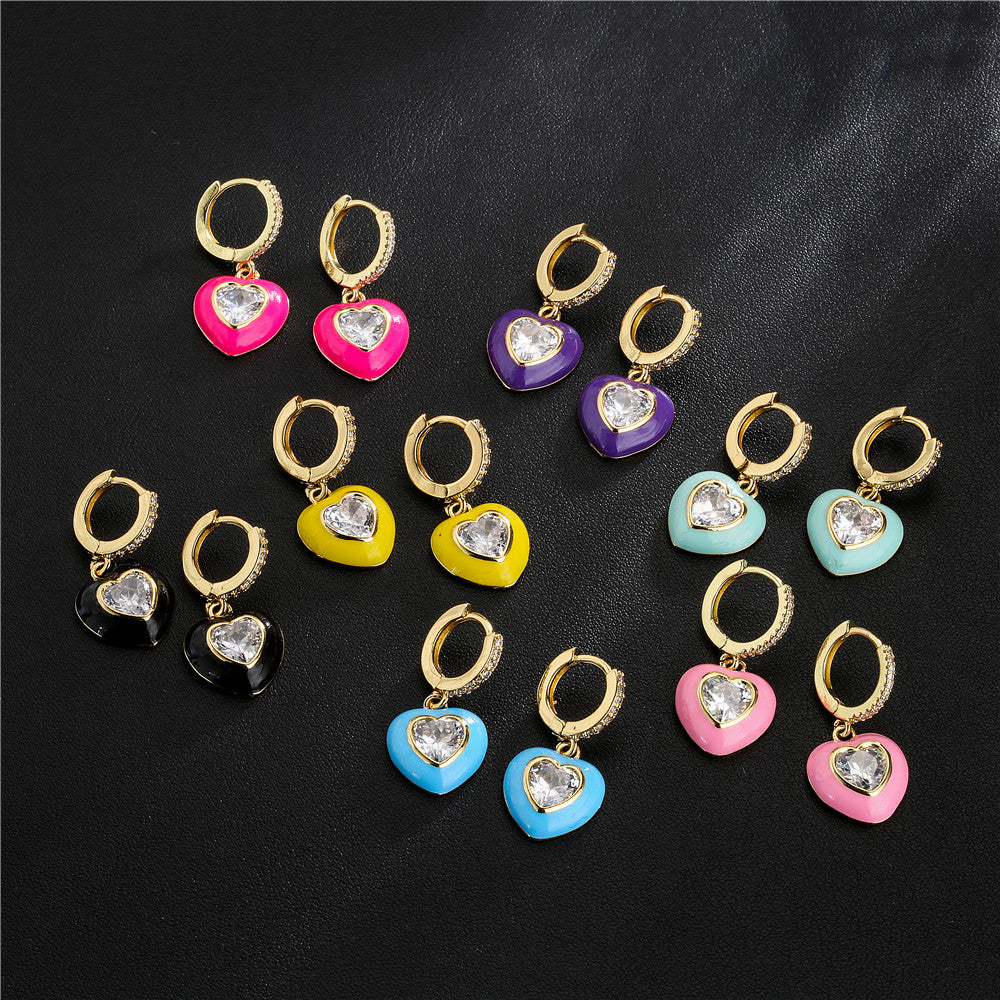 Elegant Heart Geometric Drip Oil Cubic Zirconia Brass 18K Gold Plated Earrings