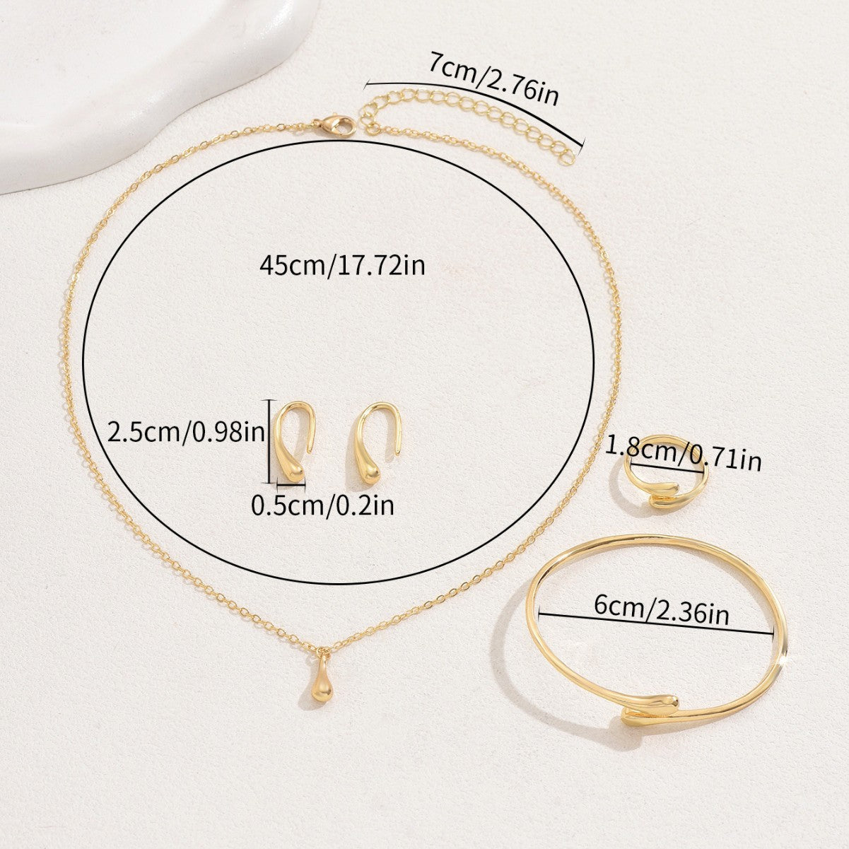 Juego de joyas minimalistas de gota de agua dulce y forma geométrica chapado en cobre para mujer, incluye pendientes, collar y pulsera ajustable.