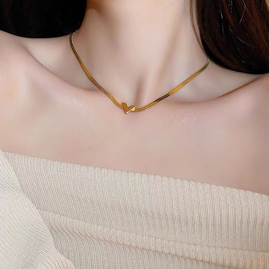 Minimalist Letter V Heart Titanium Steel Snake Chain Necklace for Women