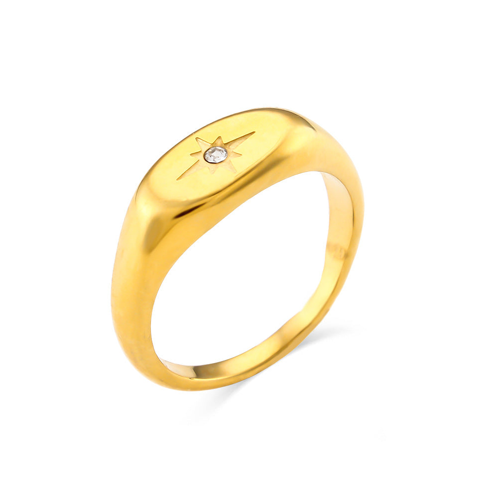 Minimalist Fashion Oval Star Zirconia Ring in Stainless Steel with 18K Gold Plating for Women