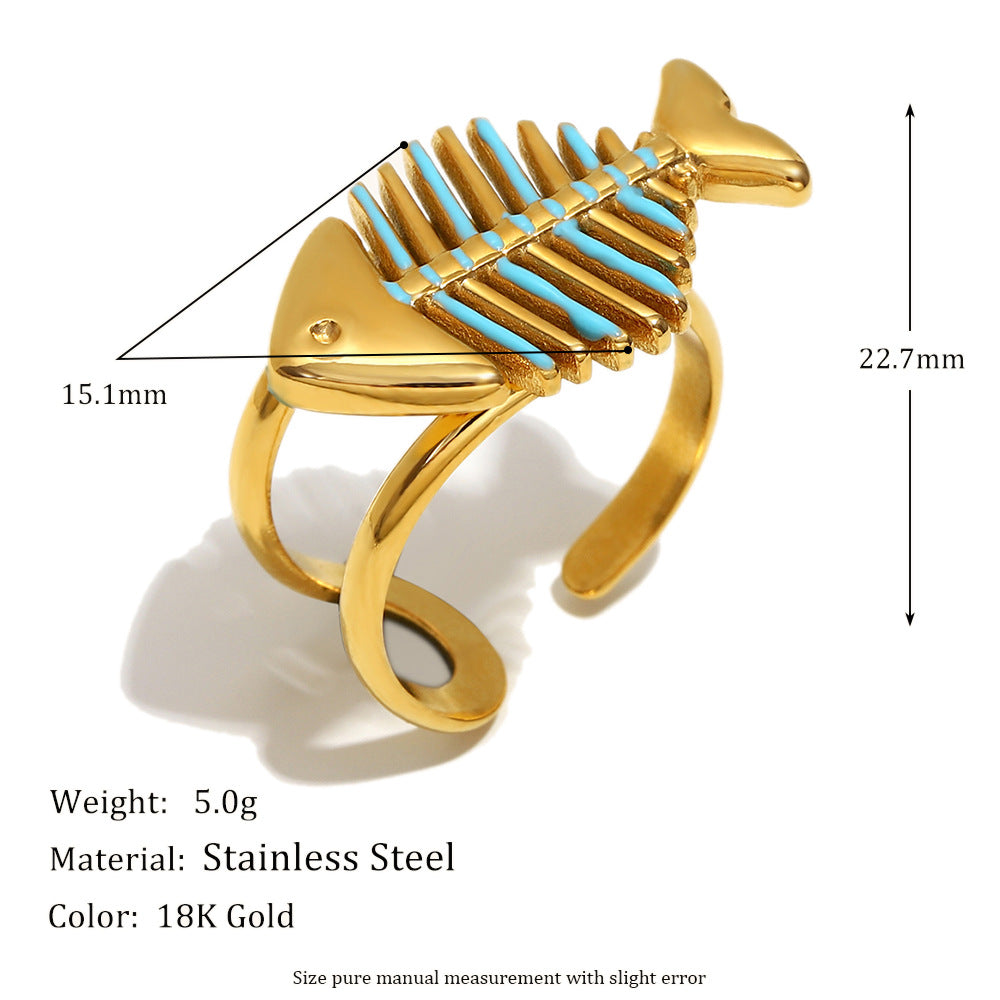 Fashion Geometric Stainless Steel Ring with 18K Gold Plating Featuring Crossed Lines Fishbone Floral Crab and Turtle Motifs