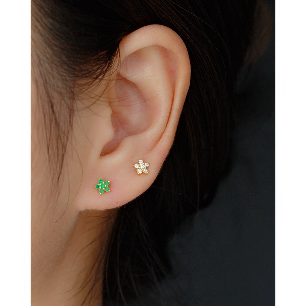 Pendientes de tuerca minimalistas de plata con diseño floral y circonita para mujer, pendientes de plata de ley 925 tipo ear cuff y piercing para cartílago