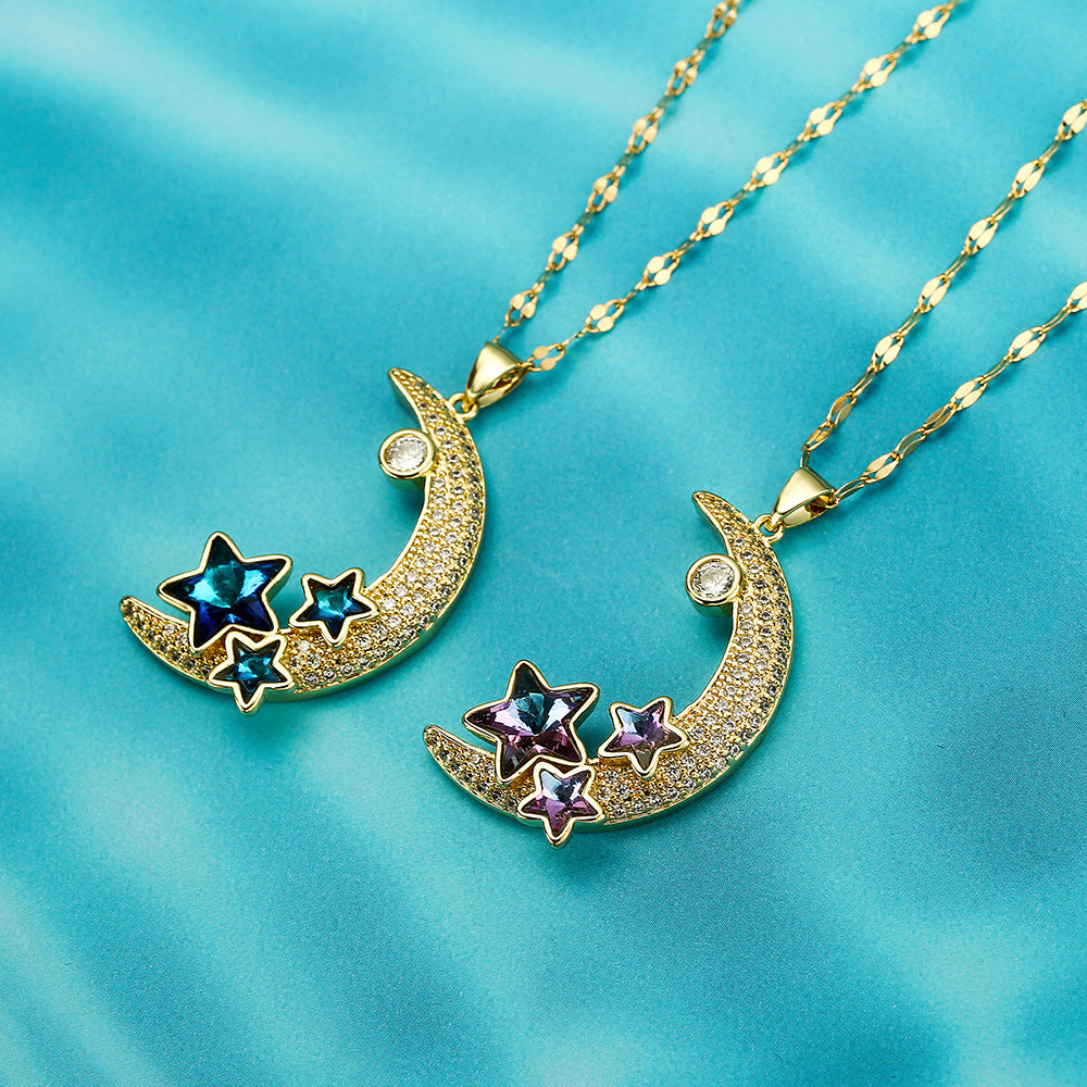 Collana Pendente Stella e Luna Minimalista da Donna in Rame con Placcatura in Oro Vero e Intarsio in Zircone