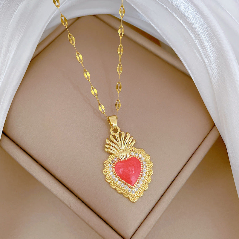 Vintage Crown Heart Shaped Stainless Steel Necklace with Moon Motif for Women and Men, Minimalist Clavicle Chain with Full Rhinestone Accents