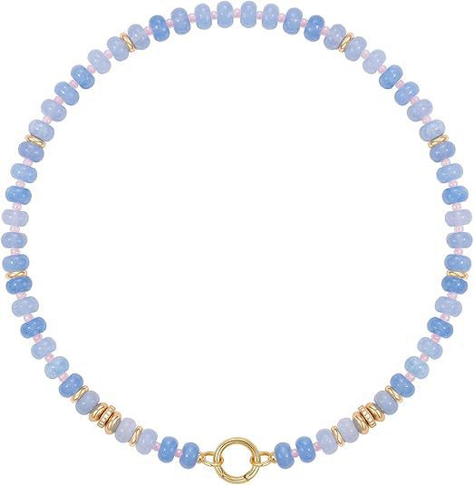 Sweet 8mm Natural Stone Bead Necklace Stainless Steel Geometric Round Ball Chain for Women