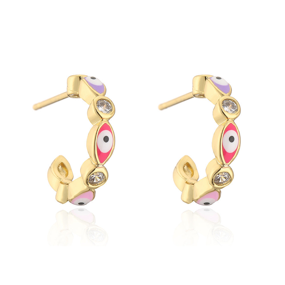 Fashionable Geometric C-Shaped Evil Eye Earrings for Women with Copper Base Plated in 18K Gold and Enamel Finish, Micro-Paved with Zircon