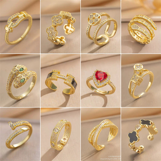 Luxury Minimalist Adjustable Open Ring for Women with Gold-Plated Copper Band and Zircon Stone Accent in Heart and Floral Shape