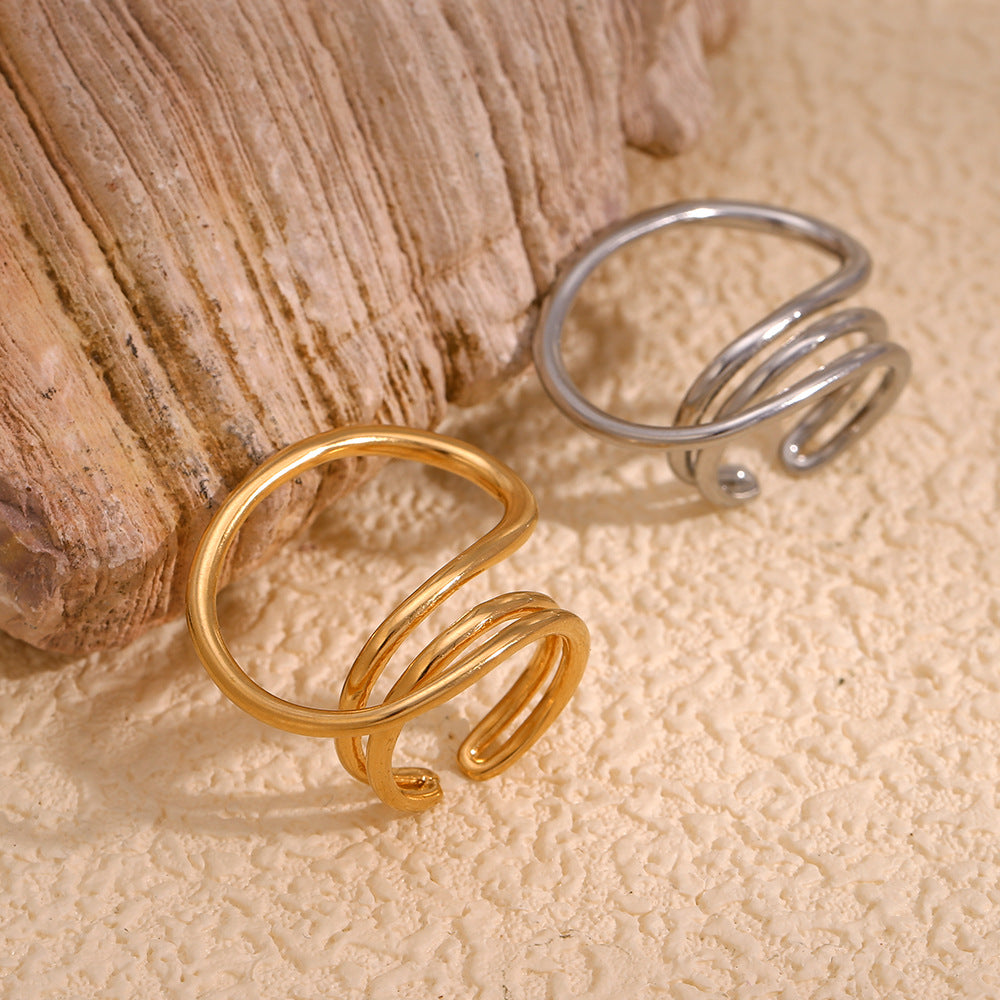 Minimalist Geometric Stainless Steel Ring with 18K Gold Plating for Women Featuring Bold Linear Design