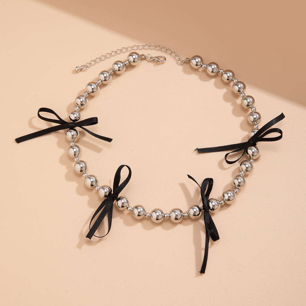 Sweet Geometric Bowknot Alloy Pendant Resin Beaded Ball Chain Necklace for Women