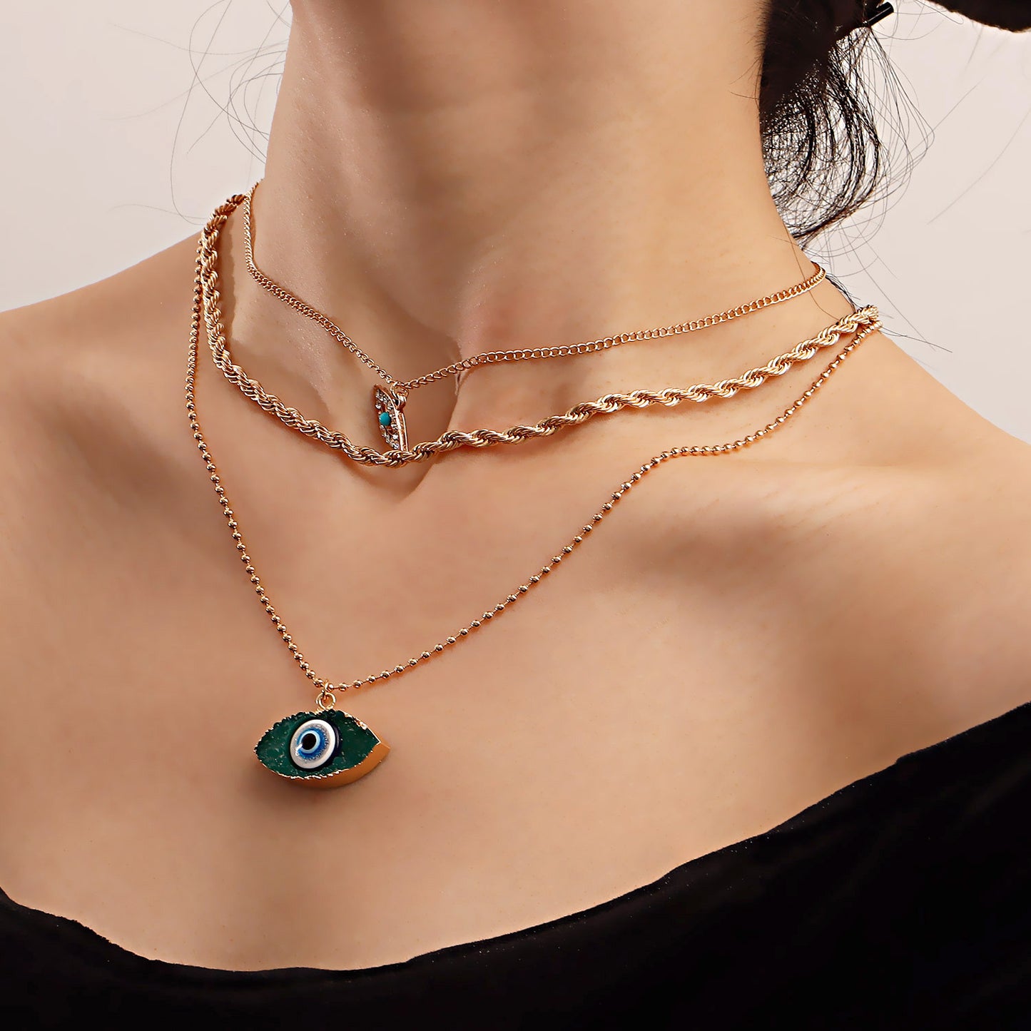 Minimalist Geometric Evil Eye Pendant Necklace in Alloy with Electroplating on Twisted Chain for Women