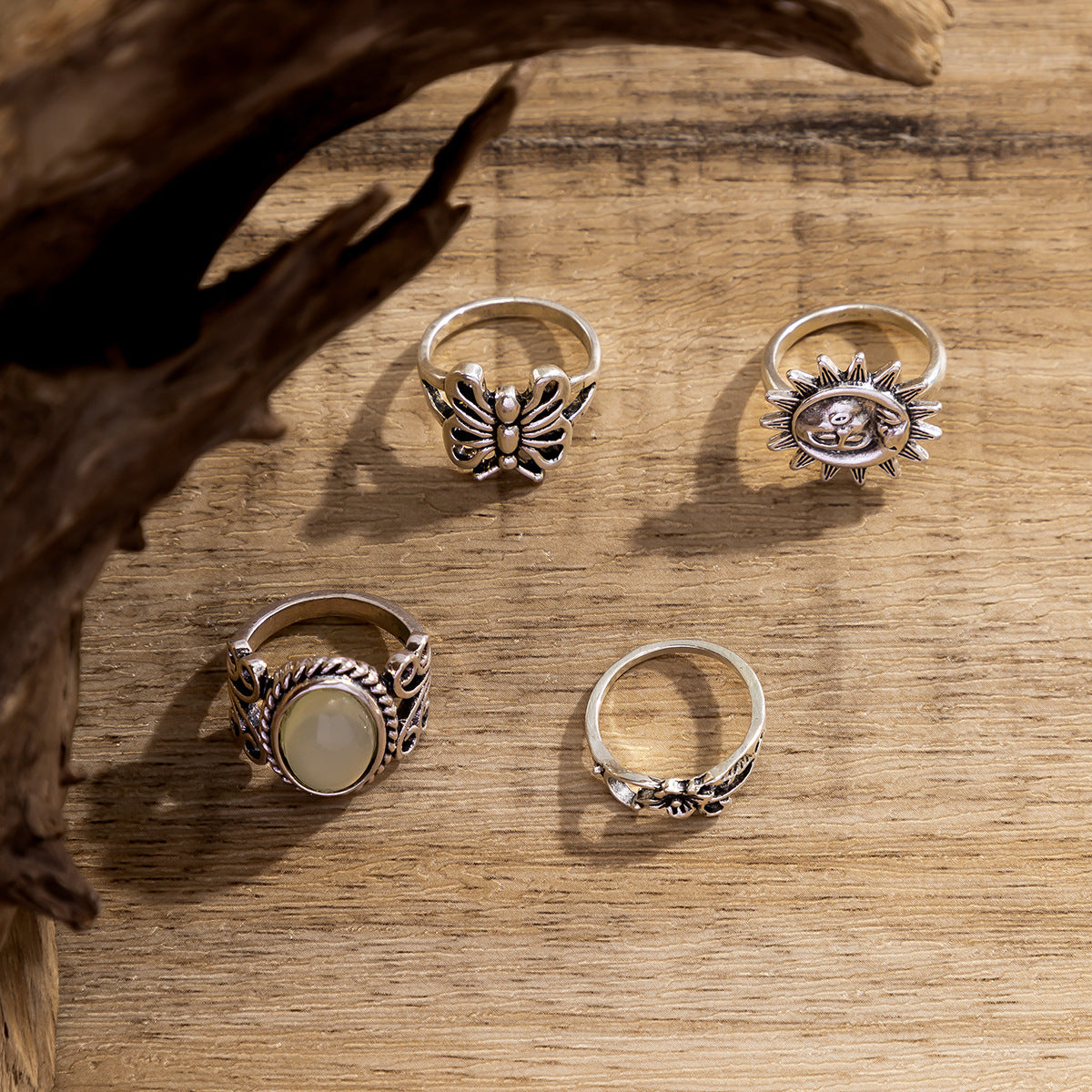 Vintage Hip-hop Geometric Butterfly Alloy Ring Set for Women