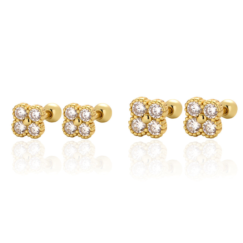 Vintage Clover-Shaped S925 Sterling Silver Stud Earrings with Rhinestone Inlay for Women