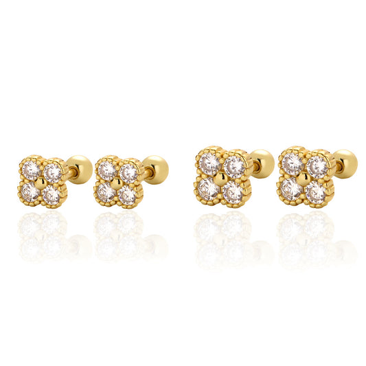 Pendientes de botón vintage de plata de ley S925 con forma de trébol e incrustaciones de diamantes de imitación para mujer