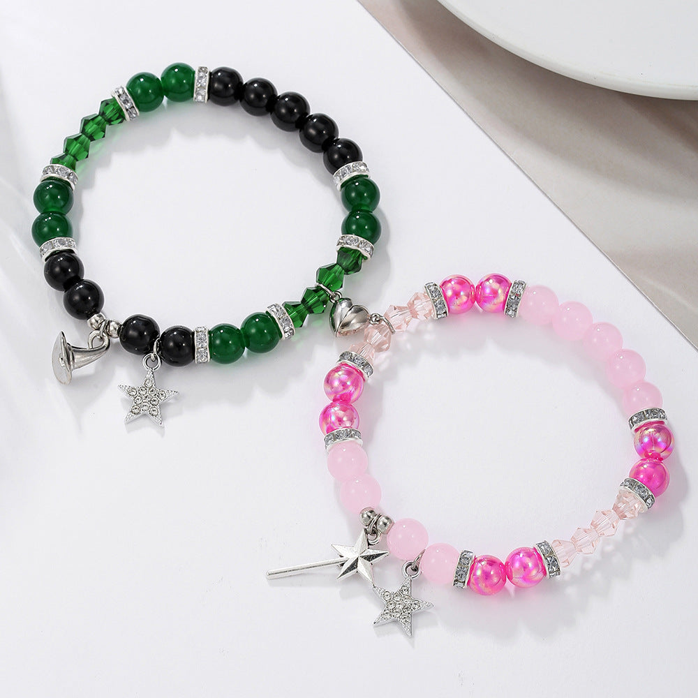 Streetwear Rhinestone Inlay Crown and Witch Hat Charm Bracelet for Couples