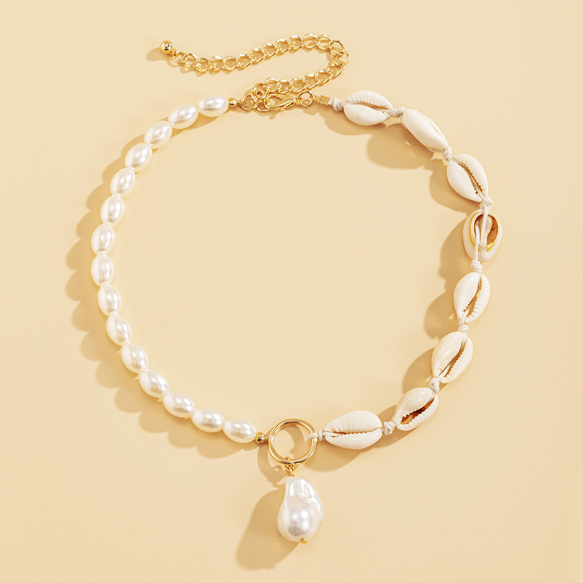 Bohemian Ethnic Geometric Oval Faux Pearl Plated Ball Chain Necklace for Women