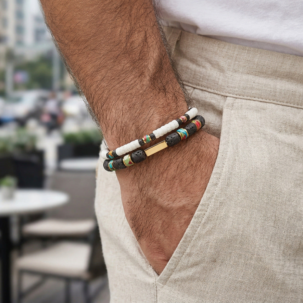 Minimalist Geometric Handmade Volcanic Stone Bracelet Set for Unisex