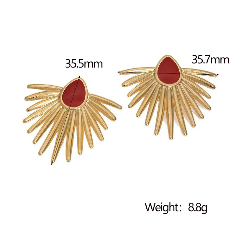 Fashion Geometric Fan Shape Stainless Steel Earrings with 18K Gold Plating and Enamel Drop Oil Finish for Women